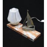 Art Deco table lamp, glass shade with yacht on marble