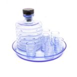 Mid to late 20th Century blue glass decanter and six shot glasses on glass tray