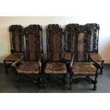 A scarce set of 8 Liberty oak  Jacobean style  chairs, H: 130 cm, D:43cm, W:50cm Provenance