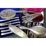 A collection of silver and silver plated items inc brushes, cutlery ect