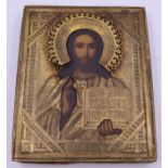 A 19th century icon, Christ Pantocrator with gilt metal oklad, 14 x 18cm