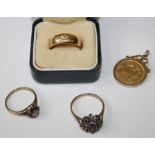 A collection of hallmarked gold jewellery consisting of 18ct gypsy set diamond ring, size M, 1905