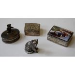 A collection of three silver boxes, one enamel printed picture of an early 20th century motor