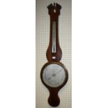 An early 19th century mahogany and line inlaid barometer thermometer having silver register