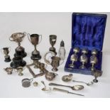 A quantity of silver and plate including trophy cups, a vesta case and cutlery