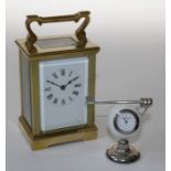 A 20th century brass, five glass carriage timepiece with enamel Roman dial, 15cm(handle up),