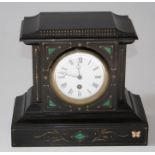 A late 19th century French mantle clock, the malachite inlaid pagoda top slate case, enclosing an