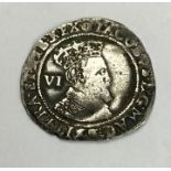 James I 1605 Sixpence  Second coinage, 1604-19 AD. Crowned bust right, VI mark of value behind.