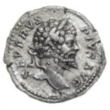 Septimius Severus Denarius.  Silver, 2.21 grams. 1864 mm. Laureate bust right, SEVERVS PIVS AVG.