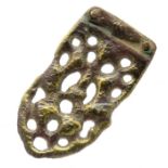 Anglo-Saxon Strap-End.  Circa, 10th-11th century AD. Copper-alloy, 14.3 grams. 49 x 24 mm. An open-