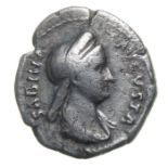 Sabina Denarius.   Rome, AD 134. Silver, 2.88 grams. 19.08 mm. Draped bust right, SABINA AVGVSTA.