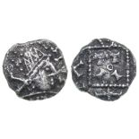 Anglo-Saxon Sceattas.   Circa, 680-710 AD. Silver, 1.13 grams. 11.99 mm. Radiate bust right, pellets