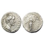 Antoninus Pius Denarius.  Rome, AD  157-8. Silver, 2.79 grams. 17.22 mm. Laureate bust right,