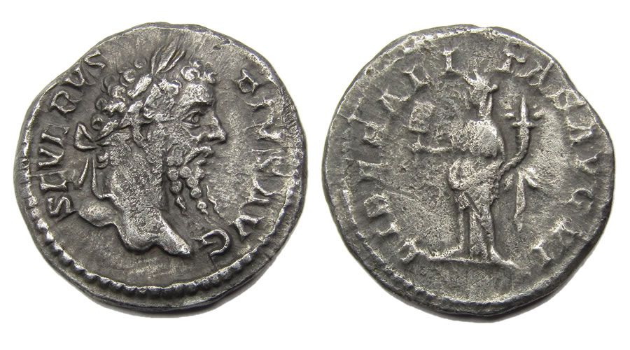 Septimius Severus Denarius.  Rome, AD . Silver, 2.88 grams. 19.45 mm. Laureate bust right, SEVERVS