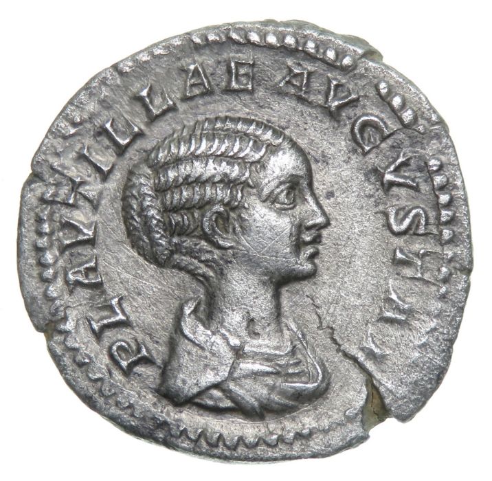 Plautilla Denarius.   Rome, AD 202. Silver, 1.69 grams. 19.07 mm. Draped bust right, PLAVTILLAE