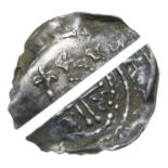 Stephen Cut Half Penny   Circa, 1154-1158 AD. Silver, 0.47 grams. 19.73 mm. Bearded bust three-