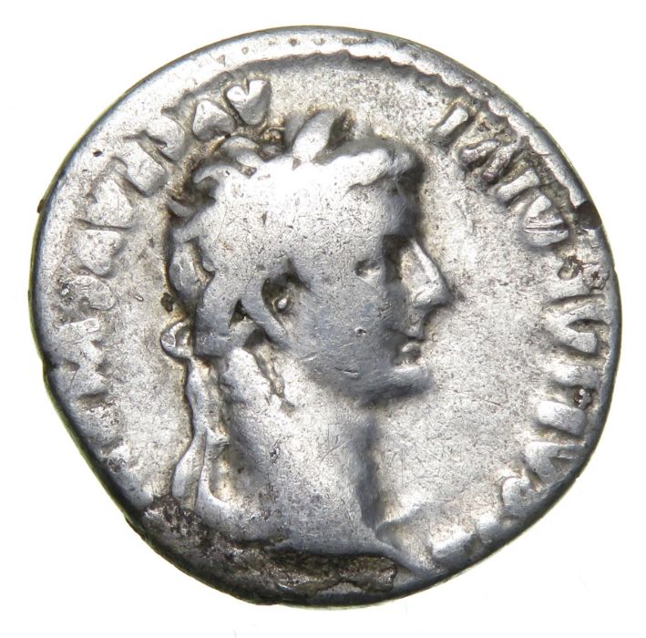 Tiberius Denarius.   Circa, 16 AD. Silver, 3.17 grams. 18.10 mm. Laureate bust right, TI CAESAR DIVI