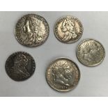 British Silver coins, George II 1758 Shilling & 1757 Sixpence, George III 1817 Shilling, 1787 & 1817
