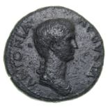 Antonia As.   Circa, AD 37. Copper, 11.82 grams. 29.68 mm.Bare-headed bust right, ANTONIA AVGVSTA.