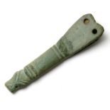 Anglo-Saxon Strap End.  Circa 8th-10th century AD. Copper-alloy, 40 x 10 mm. 4.6 grams. A zoomorphic