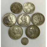 Victorian Silver Coins, includes Halfcrowns 4 x 1887, 1891, two gothic Florins and a Threepence (
