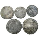 Elizabeth I Coin Group.  Circa, 1560-1582 AD. Silver, Largest 27mm. Two sixpences, mint marks. Acorn