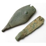 Two Anglo-Saxon Strap Ends  Circa, 7th-8th century AD. Copper-alloy, largest 37 x 13 mm. Both with