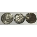 Three Elizabeth I Sixpences.  1561 large flan mm pheon, 1561 Smaller flan and 1570 mm coronet.