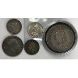 Collection of British Silver coins, includes 1819 Half Crown, George IV 1825 Shilling, 1890 Crown,