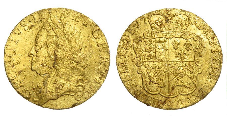 George II Half Guinea. 1727-1760 AD. Gold, 4.16 grams. 21 mm. Old laureate head left, GEORGIVS II
