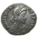Honorius Siliqua.   Milan, AD 397-402. Silver, 1.35 grams. 17.11 mm. Diademed bust right, DN