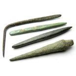 Bronze Age Awl Group.  A group of four bronze woodworking or leatherworking tools dating from c.