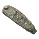 Anglo-Saxon Strap-End.  Circa, 7th-8th century AD. Silver, 2.36 grams. 28 x 9 mm. A zoomorphic