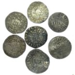 Collection of Medieval Coins.  Circa, 13th-14th century AD. Seven hammered silver pennies from the