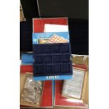 Two Coin collectors cases with inserts 20mm x 20mm & 30mm by 30mm, Three covered coin trays one 28mm