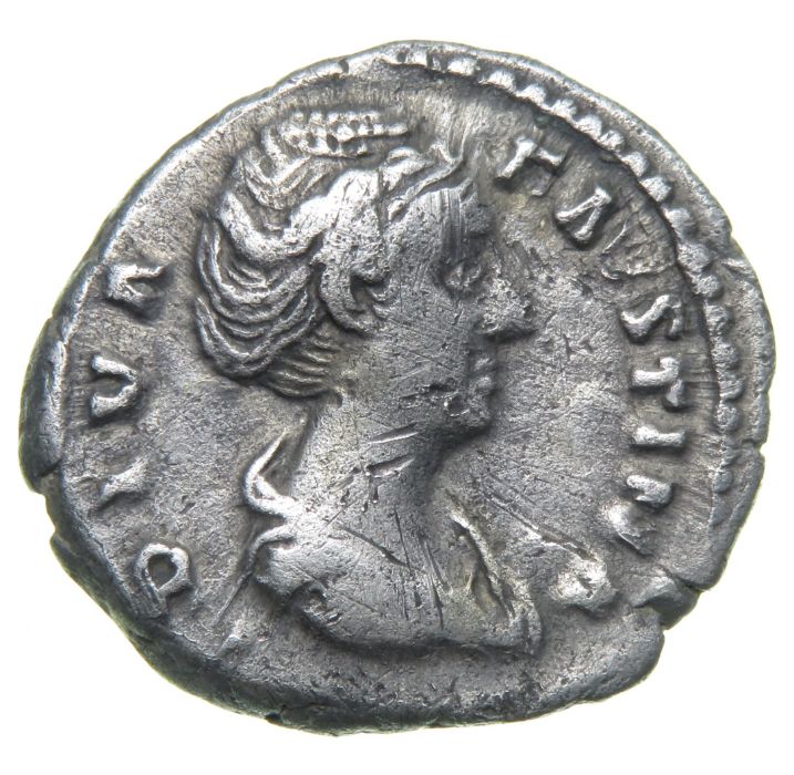Faustina Denarius.   Rome, after AD 147. Silver, 2.95 grams. 18.63 mm. Draped bust right, DIVA