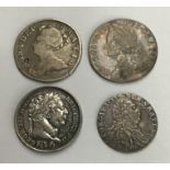 British silver coins, includes Queen Anne 1707E Shilling (small counter stamp ’G’ at 8 o’clock