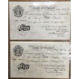 Bank of England Five Pound Banknotes, of Peppiatt, London April 21st 1947, L96 073410 with Co-op