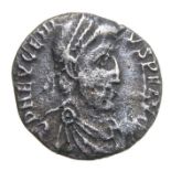 Eugenius Siliqua.   Trier, AD 392-4. Silver, 1.39 grams. 16.17 mm. Diademed bust right, D N EVGENIVS