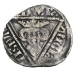 Edward I Halfpenny.   Second coinage, 1279-1302 AD. Silver, 0.64 grams. 15.15 mm. Crowned bust