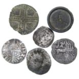 Henry VII sovereign penny, Durham together with an Edward I penny, a Roman republican denarius, an