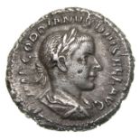 Gordian Denarius.   Rome, AD 241. Silver, 3.31 grams. 20.53 mm.Laureate bust right, IMP GORDIANVS