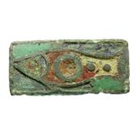 Roman enamelled fish plate brooch, 2nd century AD. A bronze rectangular plate brooch, the front face
