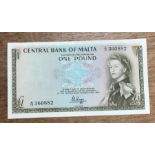 Malta one pound Banknote 1967 (1969)  A/10 360882. Good condition, slight wear.
