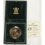 Scarce 1997 Brilliant Uncirculated £5 coin in Original presentation Cases with Certificate of