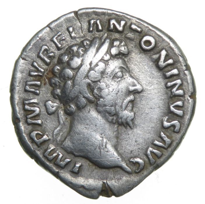 Marcus Aurelius Denarius.   Rome, AD 162. Silver, 2.75 grams. 17.48 mm. Laureate bust right, IMP M