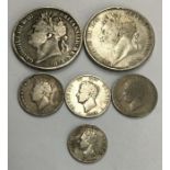 George IV 1821 & 1822 Crowns, 3 x 1826 Shillings and a 1828 Sixpence.