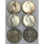 Collection of Victorian jubilee head double Florin, 1887, 1889, 4 x 1890.