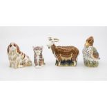 Four Royal Crown Derby paperweights with gold stoppers and boxes, including a cat, teal, a goat