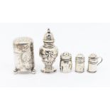Five various early 20th Century silver pepper pots including two small dredger pots, various dates